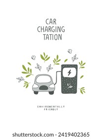 Environmentally friendly planet concept. Green sprouts leaves and a sketch of electro car on Car Charging Station. Think Green. Alternative energy concept.
 
