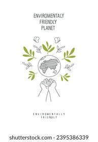 El concepto de planeta ecológico. Dibujo a mano de dibujos animados de las manos que apoyan al planeta, como un signo de conservación de la naturaleza. Concepto de energía verde. Estilo de vida sostenible. Piensa en Verde.  
  
