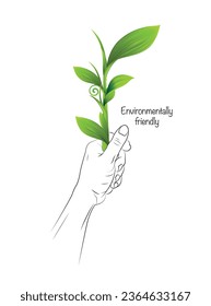 Environmentally friendly planet Concept. Sprout with green leaves and a sketch of a supporting hands. Environmentally friendly planet Concept. Think Green. Top view
