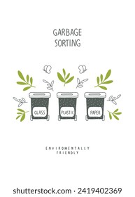 El concepto de planeta ecológico. Sprout con hojas verdes y boceto de cestas de residuos para vidrio, papel y plástico. Piensa en Verde. Ordenación de la basura.
Concepto de basura cero.
