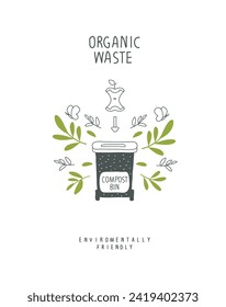 Environmentally friendly planet concept. Sprout with green leaves and sketch of compost bin with organic waste. Think Green. Zero waste Concept.