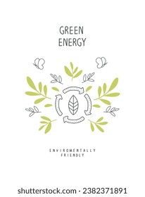 Environmentally friendly planet concept. Vector sketch illustration of sign with leaves. Think Green. Protect the World from pollution concept.

