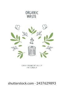 Environmentally friendly planet concept. Vector sketch organic waste sing with green leaves. Zero waste Concept. Think Green.