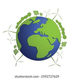 Environmentally Friendly Planet - Foliage and Green Energy Symbols Around Earth Globe - Creative Vector Concept Illustration, Clip-Art Isolated on White Background