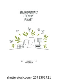 Environmentally friendly planet. Green leaves and grass with hand drawn cartoon sketch of eco factory. Ecology industry and alternative energy concept.