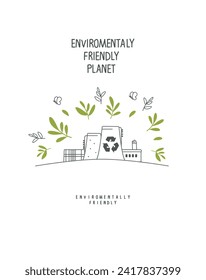 Environmentally friendly planet. Green leaves and grass with hand drawn cartoon sketch of eco factory. Ecology industry and alternative energy concept.