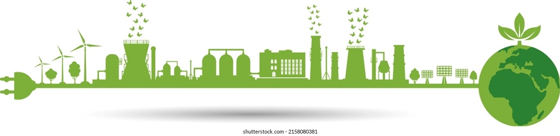 Environmentally friendly production. Electrical cable with plug is connecting to planet earth.Think green. Concept of environment conservation. Vector illustration.