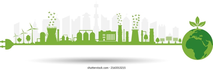 Producción respetuosa con el medio ambiente. El cable eléctrico con enchufe se conecta al planeta tierra. Silhouette de ciudad verde. Piensa en verde. Concepto de conservación del medio ambiente. Ilustración vectorial.