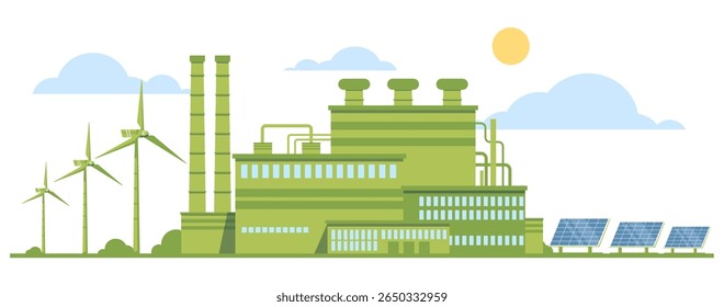 Environmentally friendly production. Green eco factory. Pollution utilizing. Wind and solar renewable energy. Sustainable clean manufacturing. Alternative power