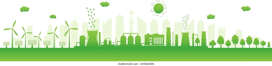 Environmentally friendly production. Green energy with wind energy and solar panels. Silhouette of green city. Think green. Concept of environment conservation. Vector illustration.