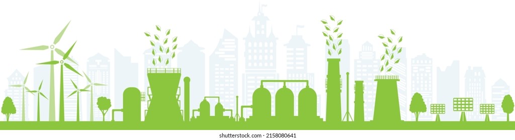 Producción respetuosa con el medio ambiente. Energía verde con energía eólica y paneles solares. Silhouette de ciudad verde. Piensa en verde. Concepto de conservación del medio ambiente. Ilustración vectorial.