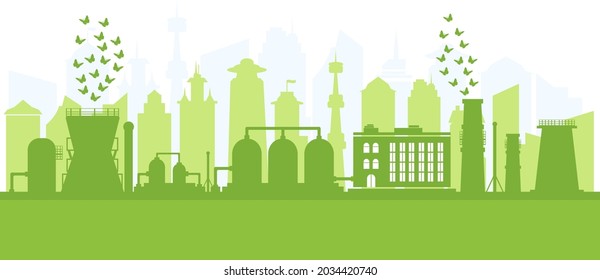 Environmentally friendly production. Large plant with cleaned environmental emissions. Silhouette of modern eco city. Concept of environment conservation. Vector illustration.