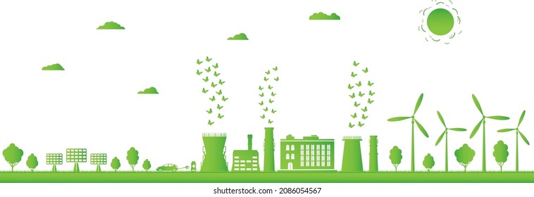 Environmentally friendly production and renewable energy sources. Silhouette of a large plant with cleaned environmental emissions. Concept of environment conservation. Vector illustration.