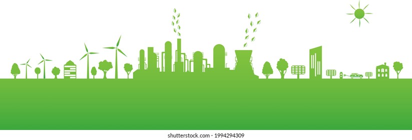 Umweltfreundliche Produktion. Silhouette der ökologischen Stadt. Grüne Energie mit Windenergie und Solarpaneelen. Konzept des Umweltschutzes. Vektorgrafik.