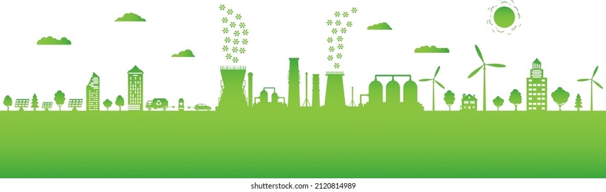 Environmentally friendly production. Silhouette of ecological city. Green energy with wind energy and solar panels. Concept of environment conservation. Vector illustration.