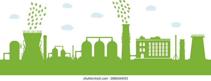 Environmentally friendly production. Silhouette of a large plant with cleaned environmental emissions. Concept of environment conservation. Vector illustration.