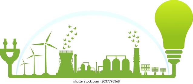 Environmentally friendly production. Silhouette of a large plant with cleaned environmental emissions and renewable energy sources. Concept of environment conservation. Vector illustration.