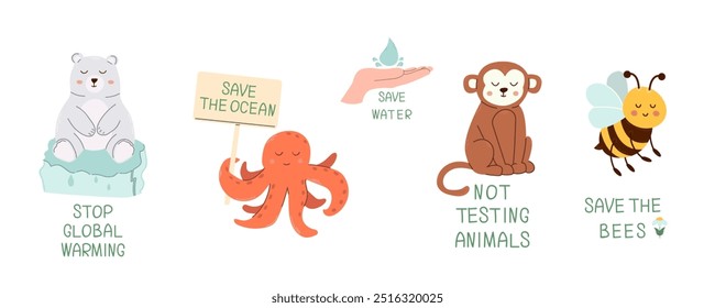 Ambientalmente amigable conjunto con animales lindos oso polar, pulpo, abeja, mono. Guardar Ilustraciones ambientales del planeta con citas ecológicas.
 Día Mundial del Medio Ambiente. Un entorno respetuoso con el medio ambiente 