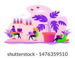 Environmentally friendly, sustainable office. Green workplace, coworking zone. Biophilic design room, eco-friendly workspace, green office concept. Vector isolated concept creative illustration