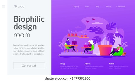 Environmentally friendly, sustainable office. Green workplace, coworking zone. Biophilic design room, eco-friendly workspace, green office concept. Website homepage header landing web page template.