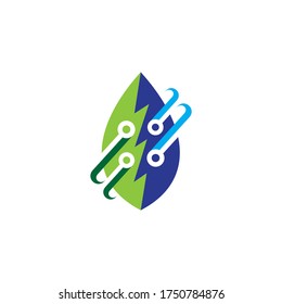 Environmentally friendly technology label logo template, leaf with electronic circuit shape, simple minimalist line art style green and blue color on white background