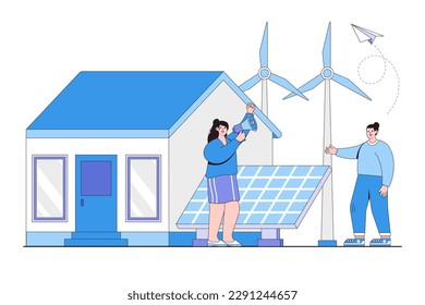 Environmentally friendly traditional house concept. Energy from solar panels and windmills and save nature. Outline design style minimal vector illustration for landing page, web banner, hero images.