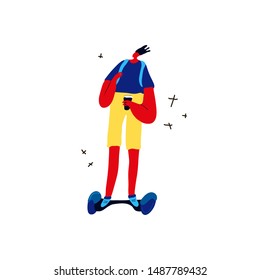 Environmentally friendly transport conception. Isolated vector illustration. Active young guy drives green transport - hoverboard. Modern urban lifestyle.