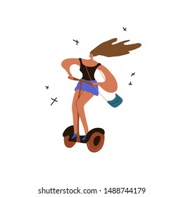 Environmentally friendly transport conception. Isolated vector illustration. Active young  girl  drives green transport. Modern urban lifestyle.