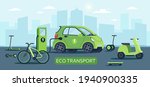 Environmentally friendly transport powered by renewable energy sources. Electric car at charging station against the background of city, gyroboard, bicycle, scooter, scooter,skateboard.Vector vehicles