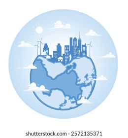 Environmentally friendly urban development. Green buildings, renewable energy, and global environmental awareness. Save energy for environment conservation concept. Flat vector illustration.