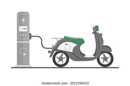 Vehículos ecológicos alimentados por fuentes de energía renovables. La motocicleta eléctrica se carga desde una fuente de electricidad. Ilustración vectorial aislada en fondo blanco.