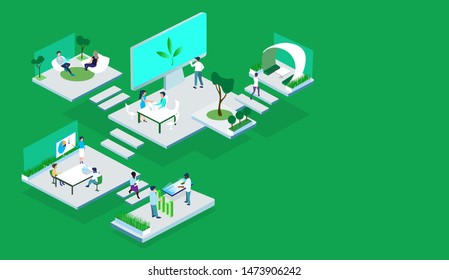 Environmentally friendly workplace concept. Green working zone with plants and flowers. Biophilic design room, eco-friendly workspace, green office concept. Isometric vector illustrate.