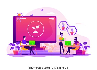 Environmentally friendly workplace. Green working zone with plants and flowers. Biophilic design room, eco-friendly workspace, green office concept. Vector isolated concept creative illustration
