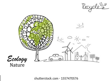 Environmentally friendly world. Black-white doodle drawing. Ecological history concept of a happy family. Eco friendly. Vector illustration. Handmade. Hand drawn. Scribble.
