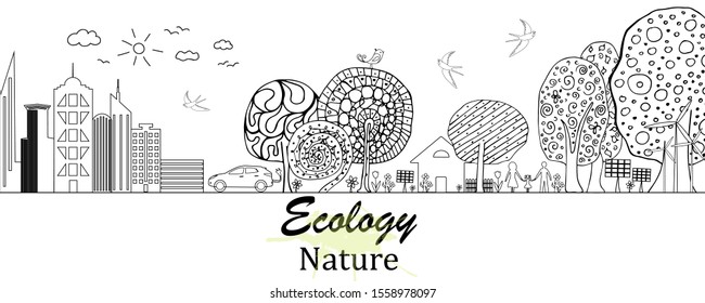 Environmentally friendly world. Black-white doodle drawing. Ecological history concept of a happy family. Eco friendly. Vector illustration. Handmade. Hand drawn. Scribble.