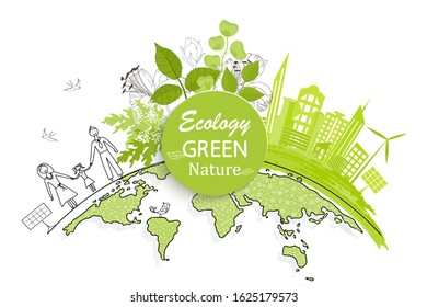 Environmentally friendly world. The city on the globe. Go green. Doodle drawing. Ecological history concept of a happy family. Sustainable development. Eco. Handmade. Scribble. Vector illustration.
