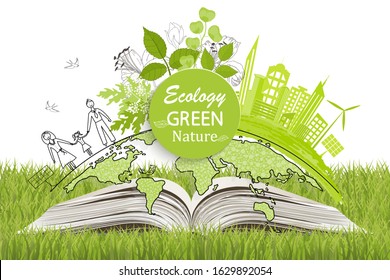 Environmentally Friendly World. The City On The Globe. Go Green. Doodle Drawing. Ecological History Concept Of A Happy Family. Sustainable Development. Book. Handmade. Scribble. Vector Illustration.