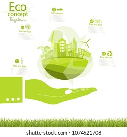 Environmentally friendly world. The city, solar panels, a windmill on the globe. Vector illustration of ecology the concept of infographics modern design. Ecological concepts. Hand.  Recycling.