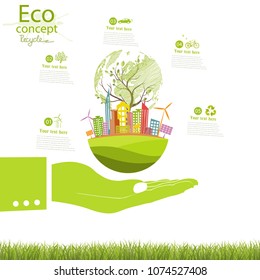Environmentally friendly world. The city, solar panels, a windmill on the globe. Vector illustration of ecology the concept of infographics modern design. Ecological concepts. Hand. Recycling.