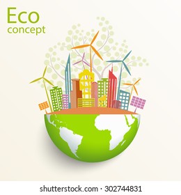 Environmentally friendly world. The city, solar panels, a windmill, a tree on the globe. Vector illustration of ecology the concept of infographics modern design. The icon, sign. Ecological concepts