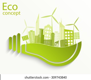 Environmentally friendly world. City, solar panels, a windmill in a light bulb. Vector illustration of ecology the concept of infographics modern design. The icon, sign. Ecological concepts.