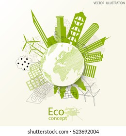 Environmentally friendly world. The city, solar panels, a windmill, a tree on the globe. Vector illustration of ecology the concept of info graphics modern design. The icon, sign. Ecological concepts