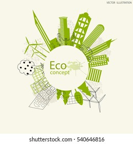 Environmentally friendly world. The city, solar panels, a windmill, a tree on the globe. Vector illustration of ecology the concept of info graphics modern design. The icon, sign. Ecological concepts