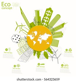 Environmentally friendly world. The city, solar panels, a windmill, a tree on the globe. Vector illustration of ecology the concept of info graphics modern design. The icon, sign. Ecological concepts