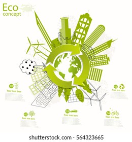 Environmentally friendly world. The city, solar panels, a windmill, a tree on the globe. Vector illustration of ecology the concept of info graphics modern design. The icon, sign. Ecological concepts