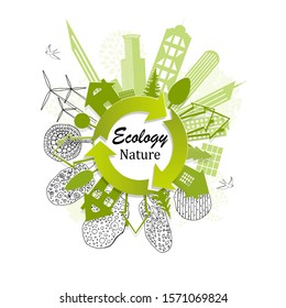 Environmentally friendly world. Doodle. Ecological history concept of a happy family. Eco friendly. Countries. Recycling sign. Vector illustration. Handmade. 