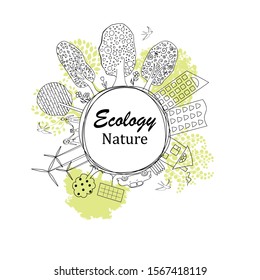 Environmentally friendly world. Doodle style drawing. Ecological history concept of a happy family. Eco friendly. Vector illustration. Handmade. 