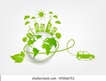 Environmentally Friendly World With Eco Car, Vector Illustration