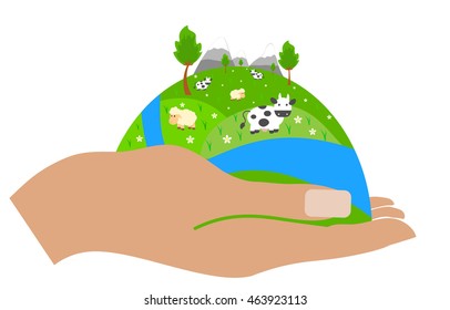 Environmentally friendly world. Environmental protection, ecology concept in flat style. Vector illustration. Hands holding Earth with ecology symbols. 