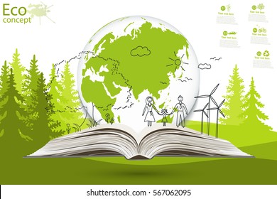 Environmentally friendly world. Green world map global environment with happy family stories. Open book of happy family stories. Ecology concept. Ecologically clean world. Vector illustration. Doodle.